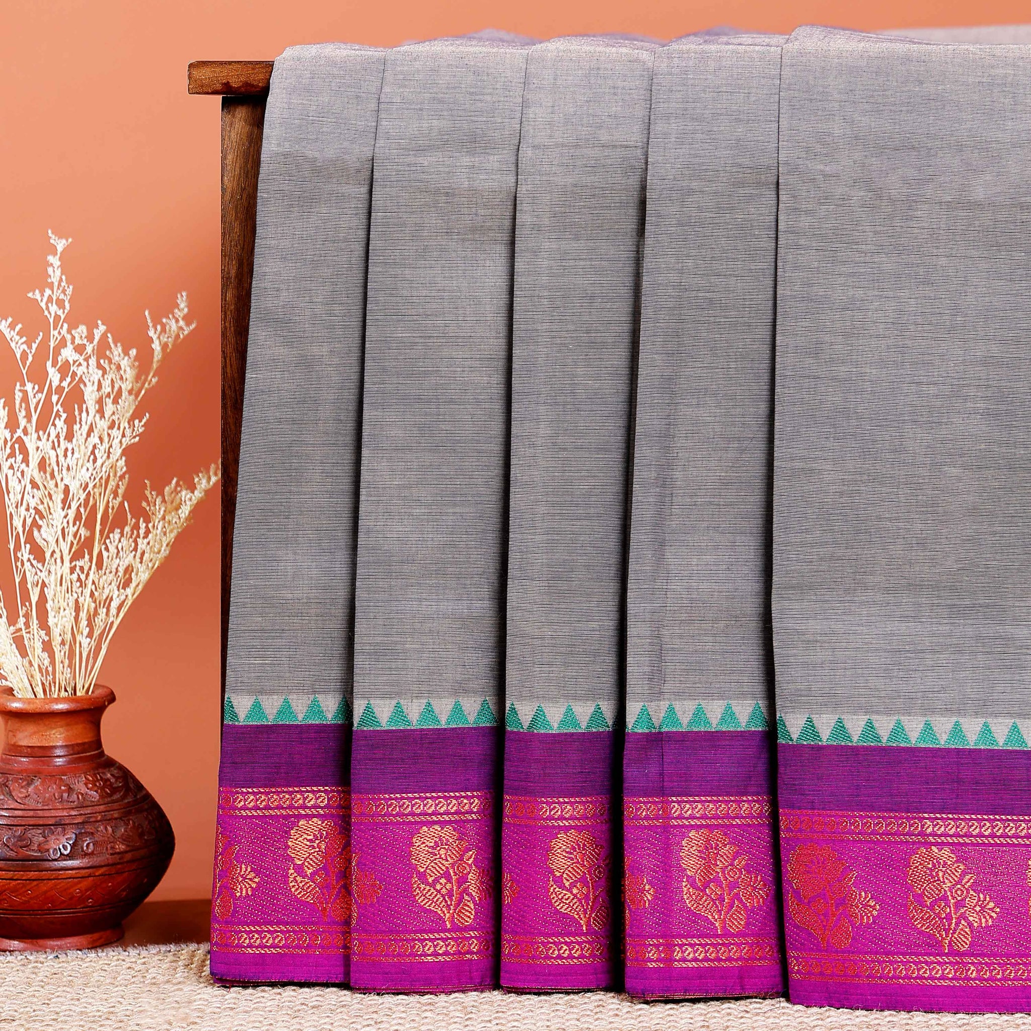 Chettinad Cotton Saree with Traditional Zari Border and Floral Motifs - Grey