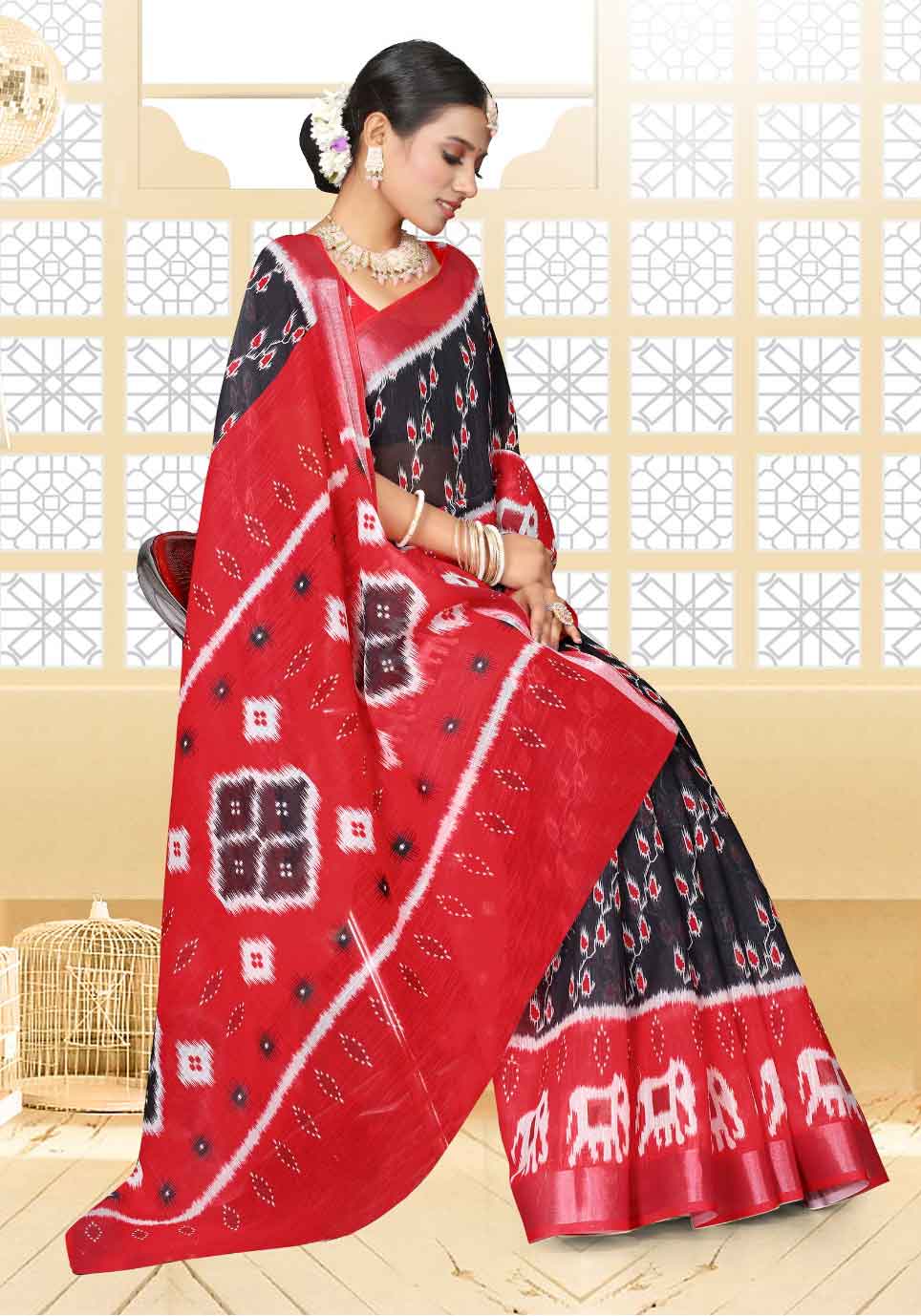 Black With Red Color Ikkat Saree - IK10