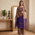 Royal Blue Salwar Material Set With Brown Pants Fabric And Colorful Ikat Dupatta Full Length Front View