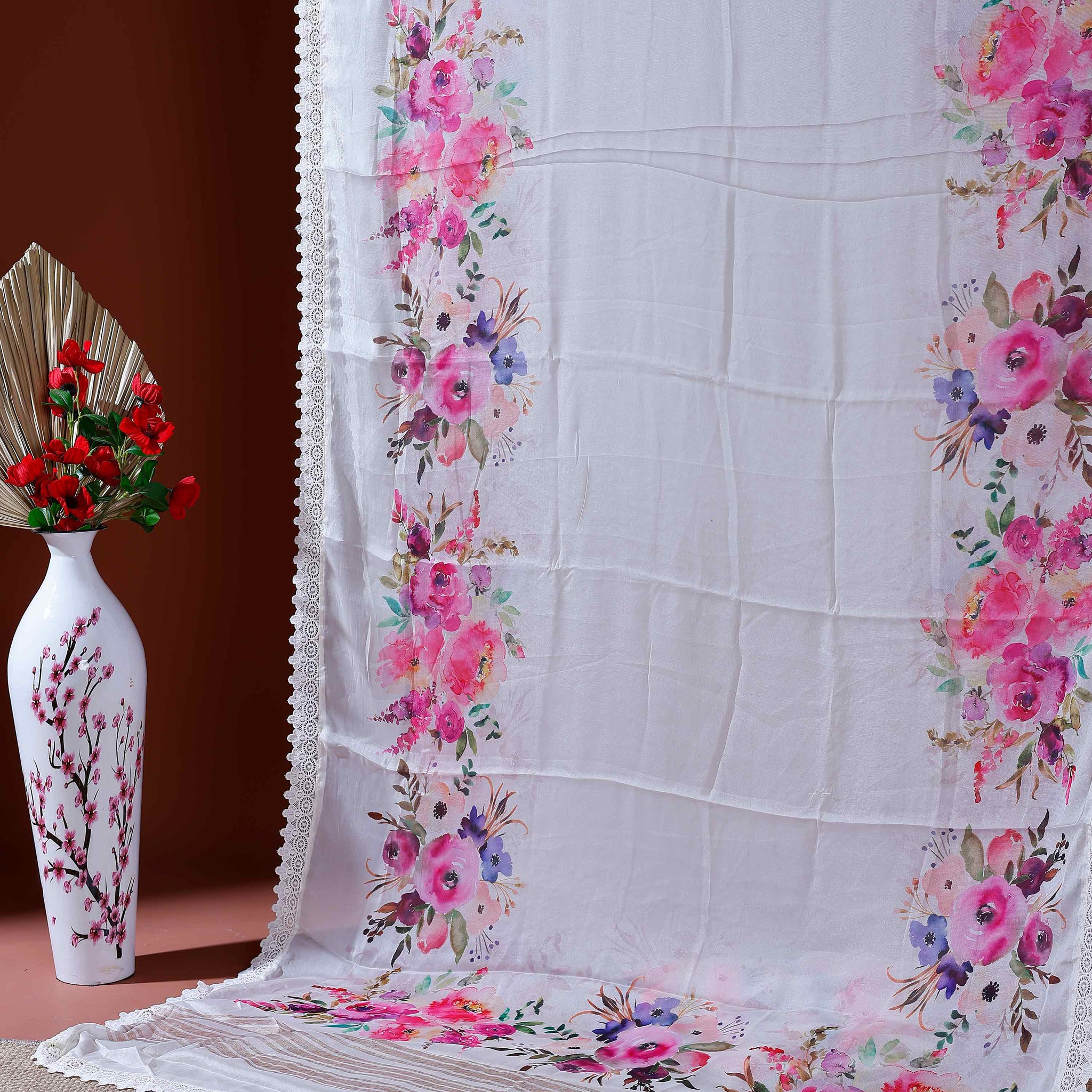 Elegant Georgette Saree with Vibrant Floral Border Prints and Delicate Lace Edging - Cream