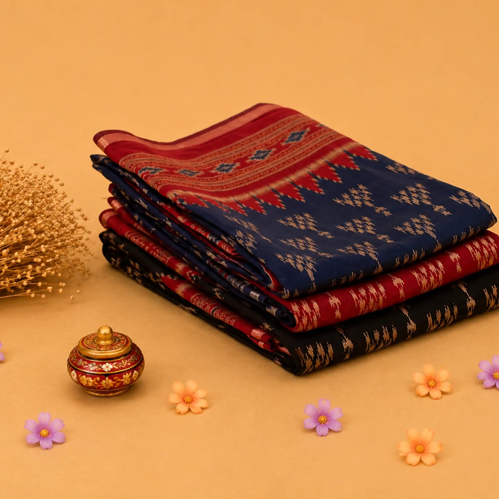 Semi Chanderi saree collection with blue, red and black traditional woven patterns folded stack front view.