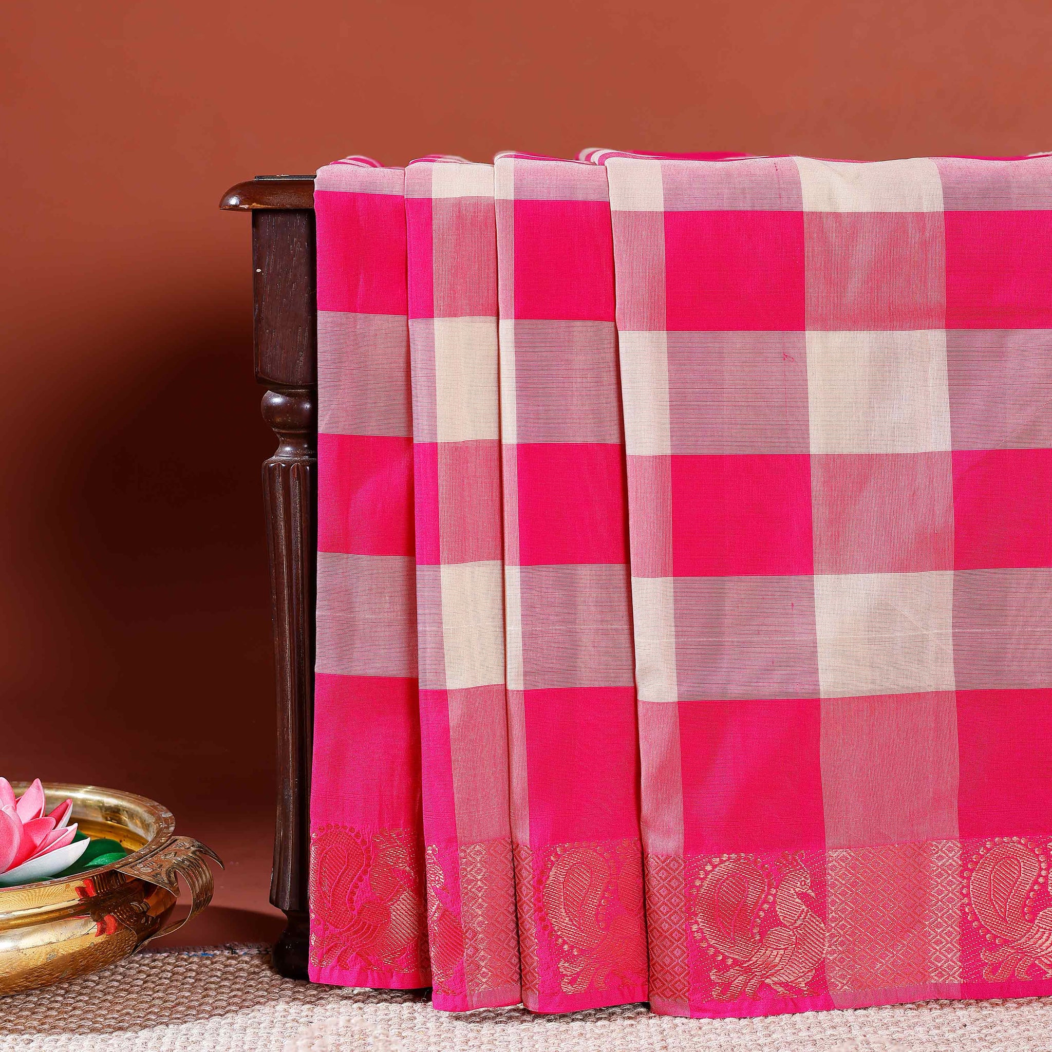 Chettinad Cotton Handloom Saree with Traditional Checked Weave and Zari Border - Multi