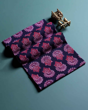 Women’s Handloom Cotton 1 Meter Blouse Material with Traditional Floral Block Print Pattern - Navy Blue