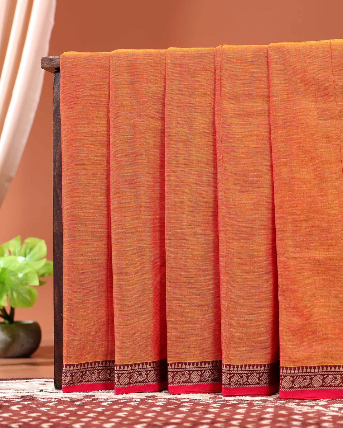 Traditional Handloom Narayanpet Cotton Saree with Traditional Temple Border Design - Orange