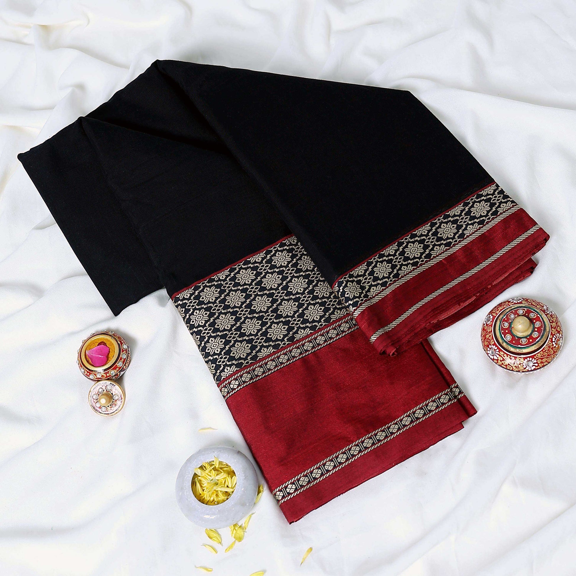 Mangalagiri Cotton Saree Black With Red Zari Border And Traditional Woven Patterns