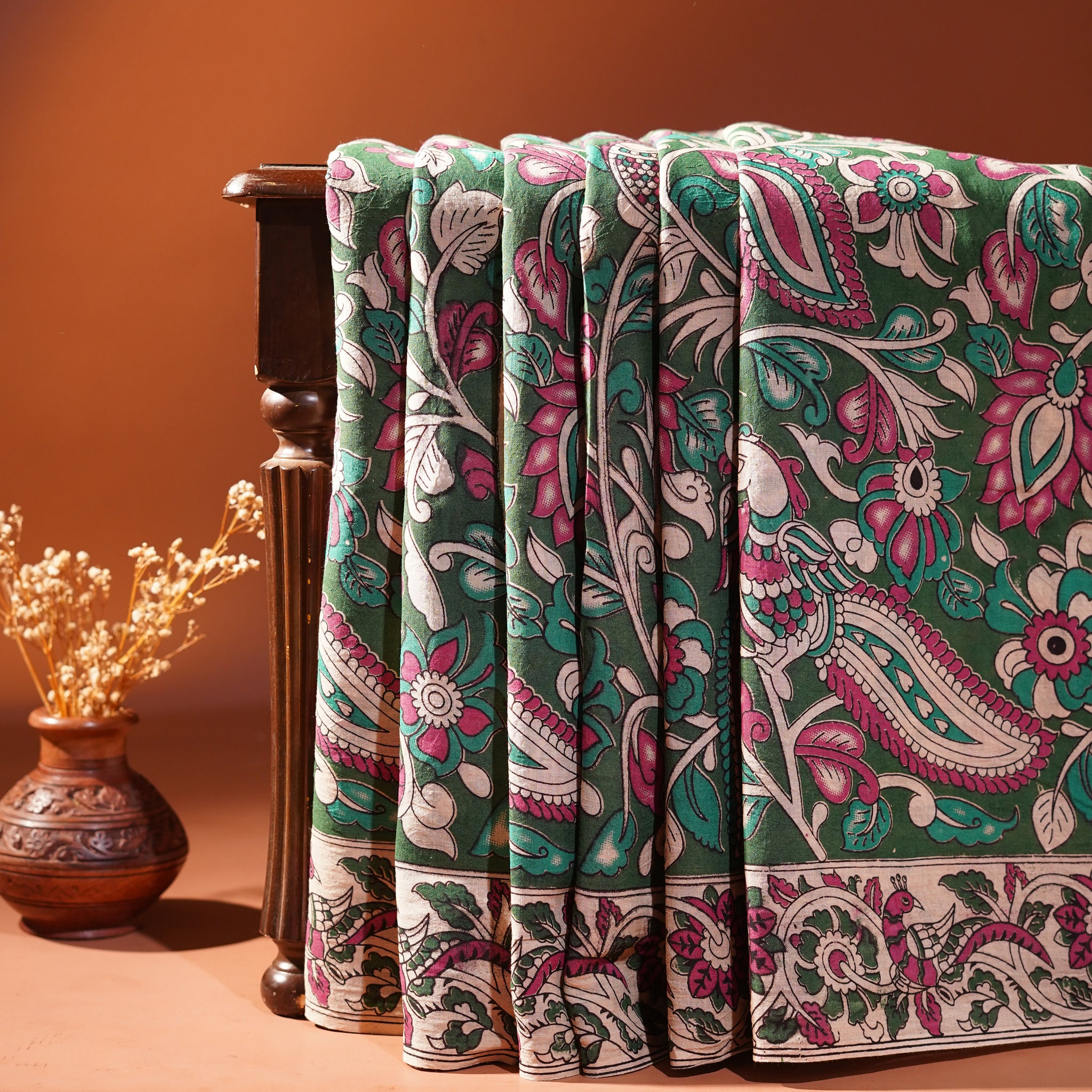 Cotton Kalamkari Printed Saree - Green