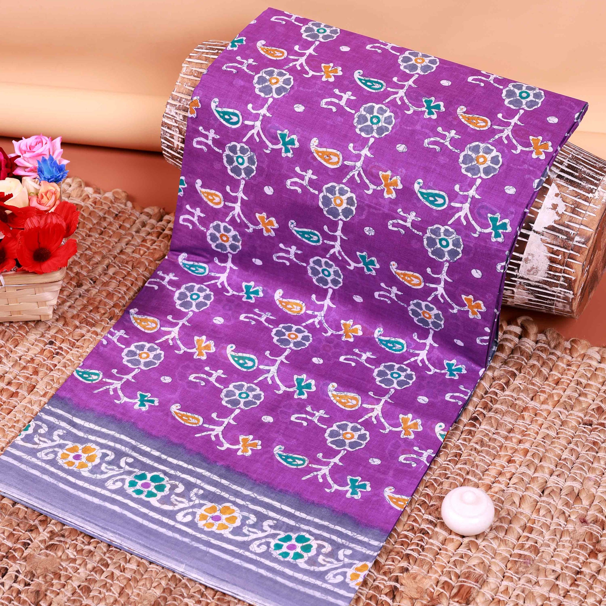 All-Over Floral Printed Voile Saree with Intricate Contrast Border – Violet