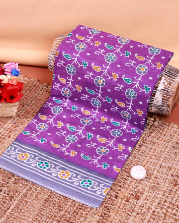 All-Over Floral Printed Voile Saree with Intricate Contrast Border – Violet