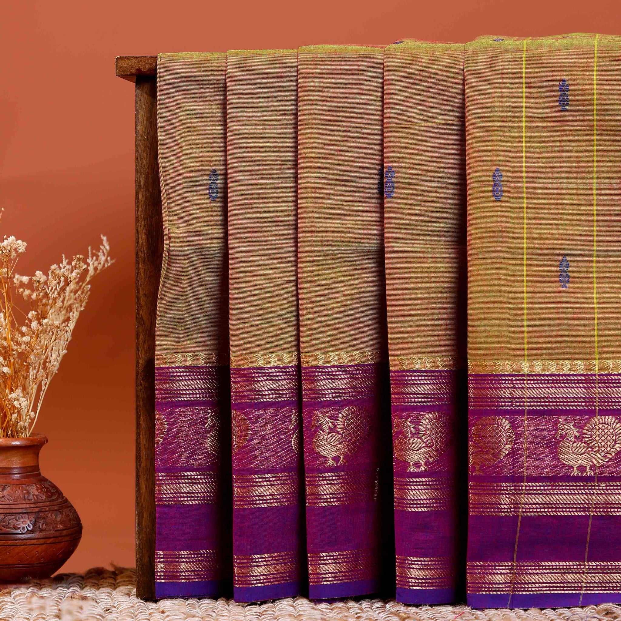 Handloom Chettinad Cotton Saree with Butta Weaves, Zari Peacock Motif Border and Contrast Pallu - Brown