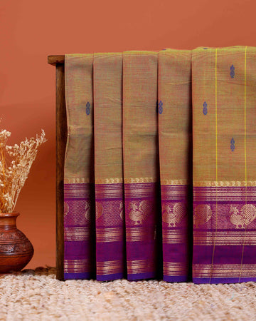 Handloom Chettinad Cotton Saree with Butta Weaves, Zari Peacock Motif Border and Contrast Pallu - Brown