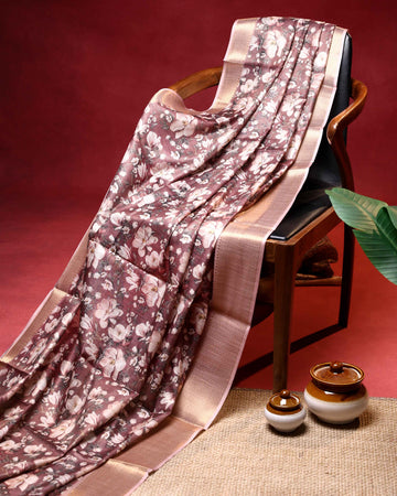 Elegant Floral Linen Tissue Saree with Minimal Woven Zari Border - Brown