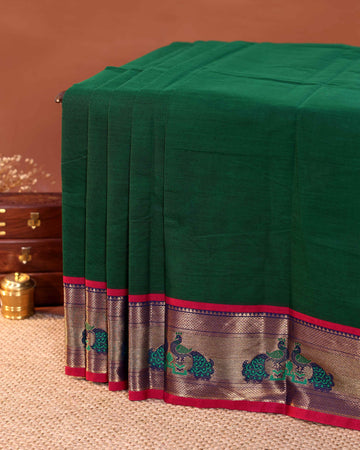 Traditional Handloom Chettinad Cotton Saree with Plain Body and Woven Traditional Motif Contrast Border - Bottle Green