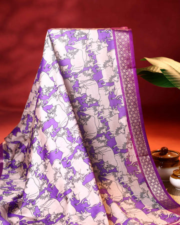 Elegant Semi Chanderi Saree with Traditional Animal Motif Print and Contrasting Zari Woven Border - Purple