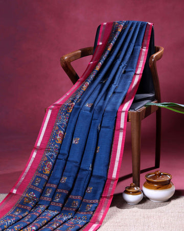Elegant Semi Chanderi Saree with Traditional Elephant and Peacock Woven Border - Royal Blue