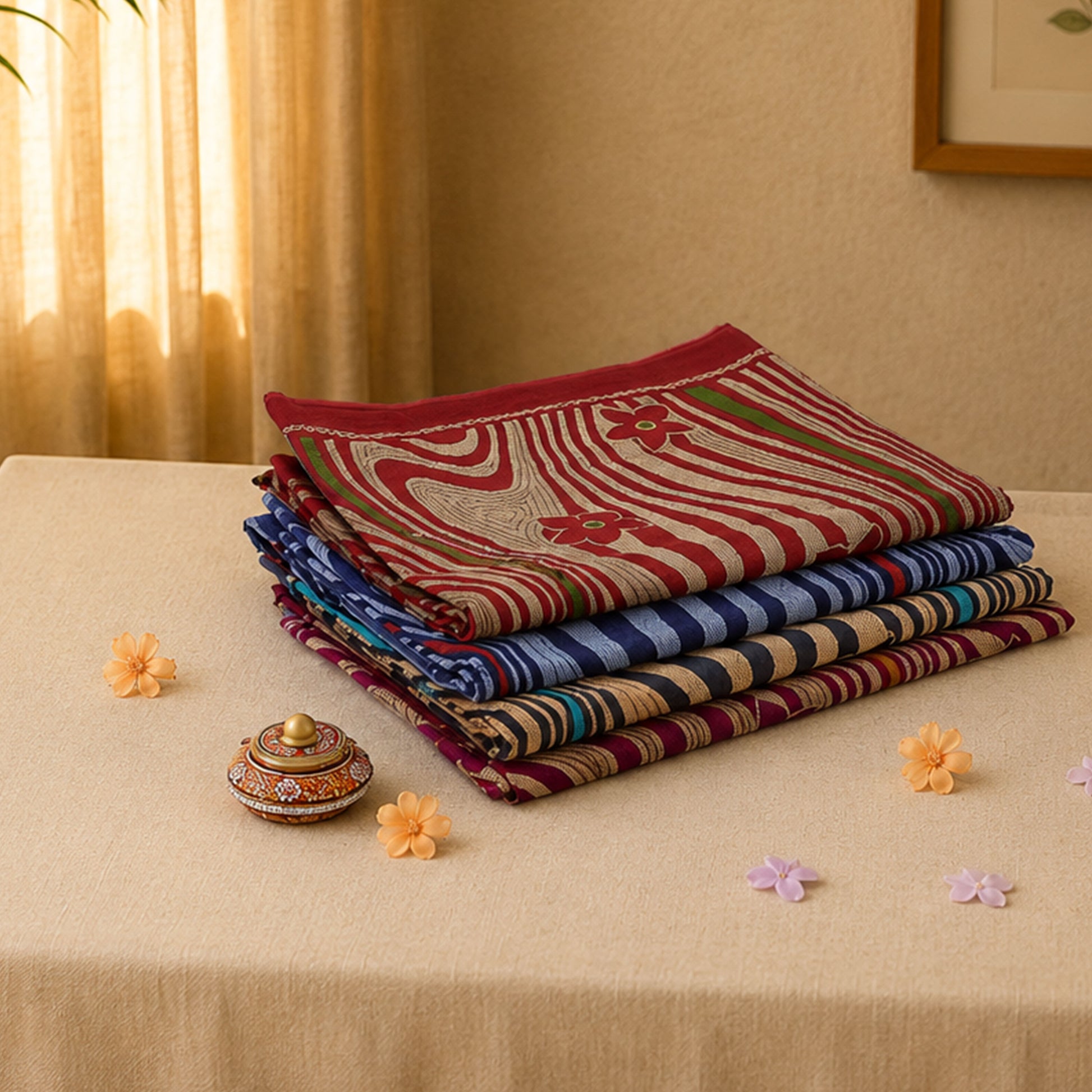 Voile cotton saree stack collection with abstract striped floral prints in multicolor folded tabletop display view