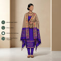 Royal Blue Salwar Suit Material With Brown Bottom Fabric And Colorful Ikat Dupatta - Front View