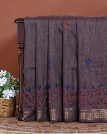 Elegant Kantha Hand Embroidered Saree with Intricate Floral Motif and Contrast Border - Dusty Purple