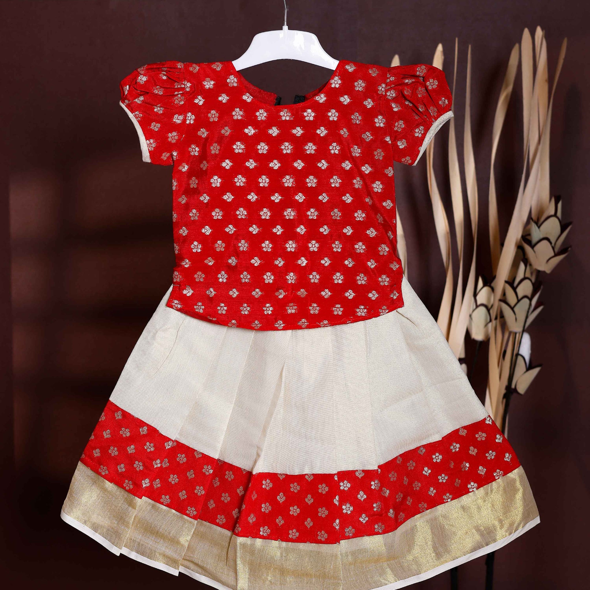 Kids Readymade Pattu Pavadai Set with Traditional Motifs - Red