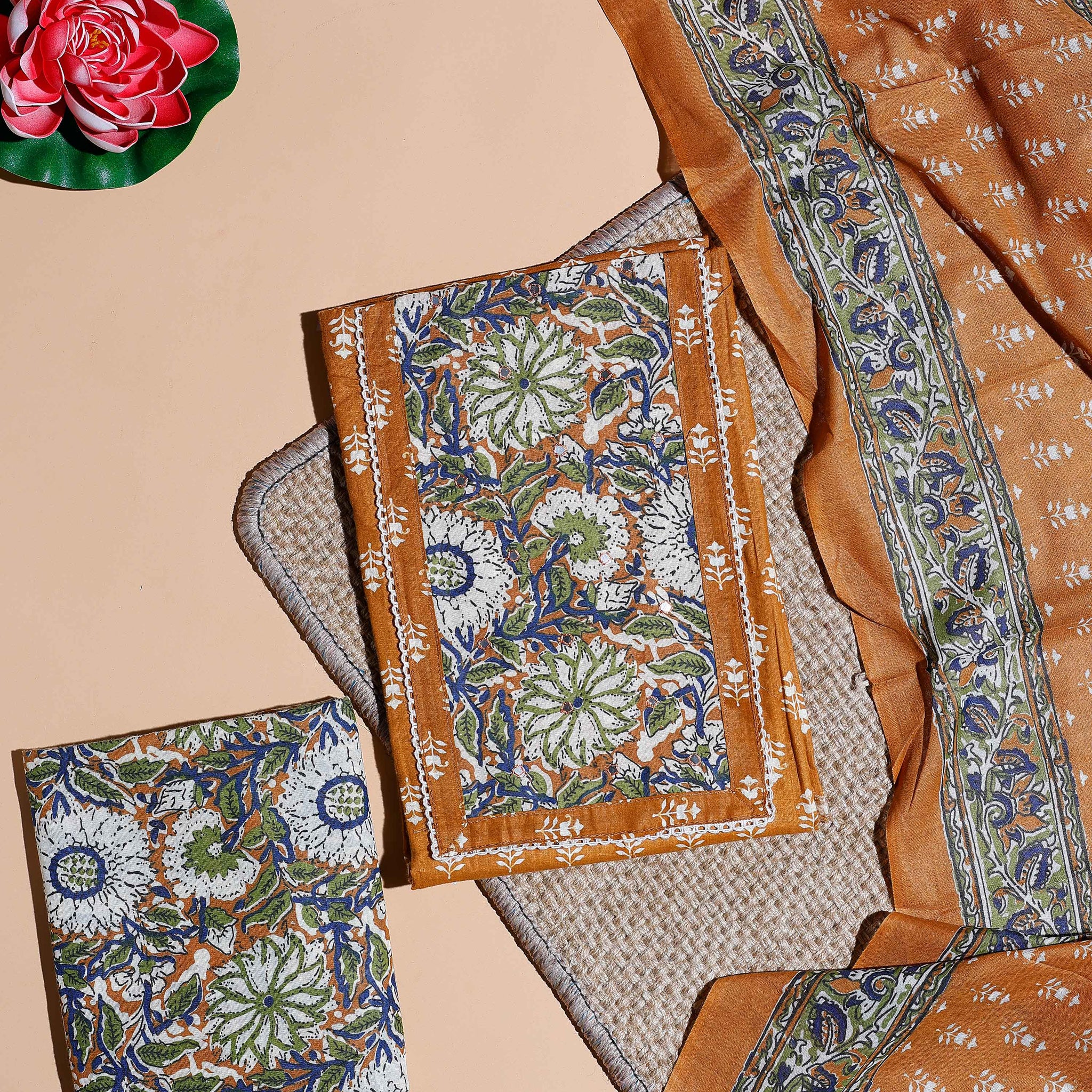 Women's Floral Printed Cotton Salwar Material with Coordinated Bottom and Traditional Border Dupatta - Brown