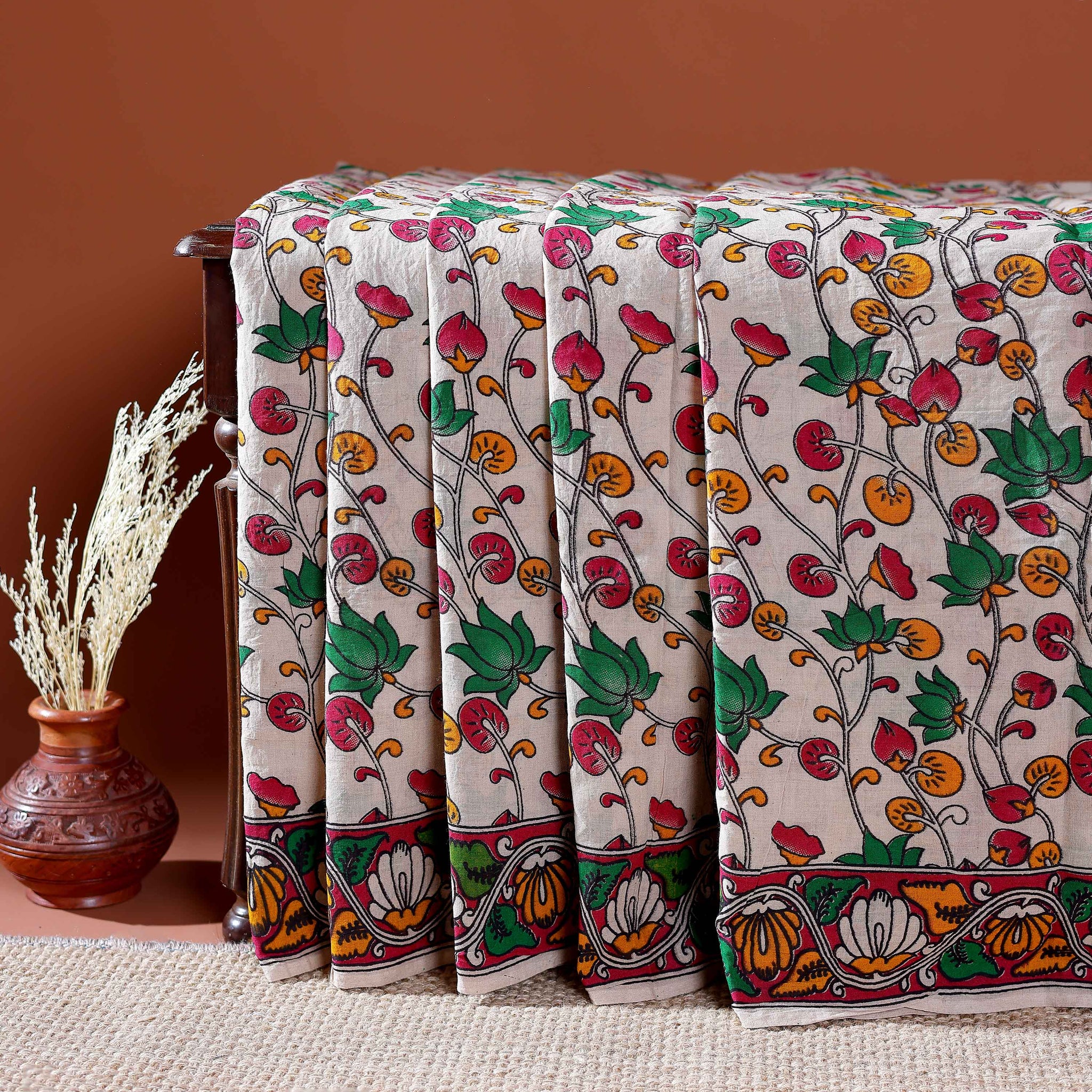 Traditional Handloom Kalamkari Cotton Saree with Intricate Floral and Avian Motifs - Off White