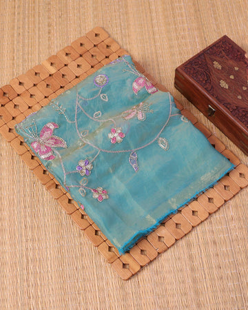 Elegant Women’s Hand Embroidered Blouse Material with Sequin Floral Vine Design and Delicate Threadwork - Sea Green