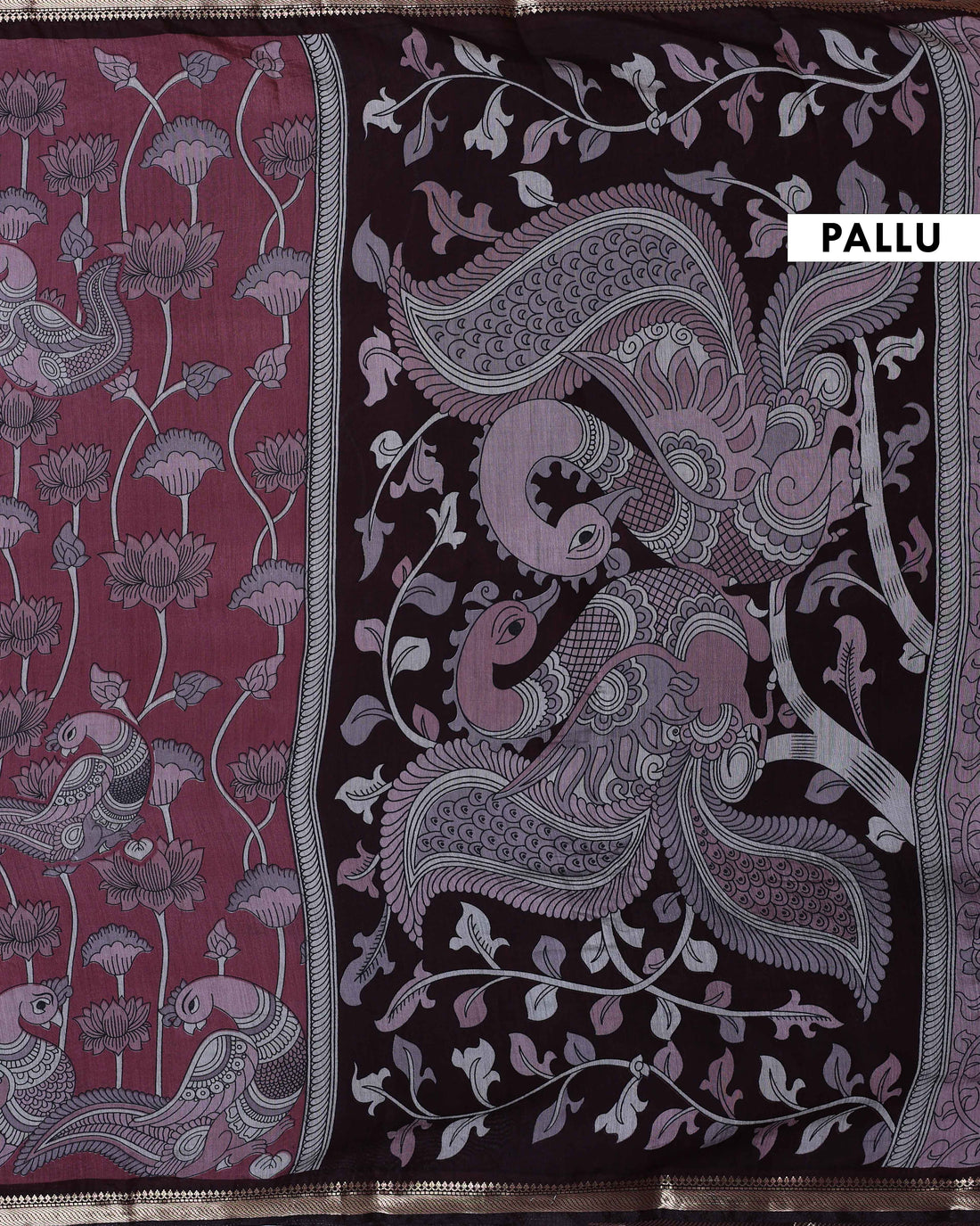 Elegant Semi Chanderi Saree with Traditional Kalamkari Handcrafted Motifs and Intricate Zari Border -  Light Maroon