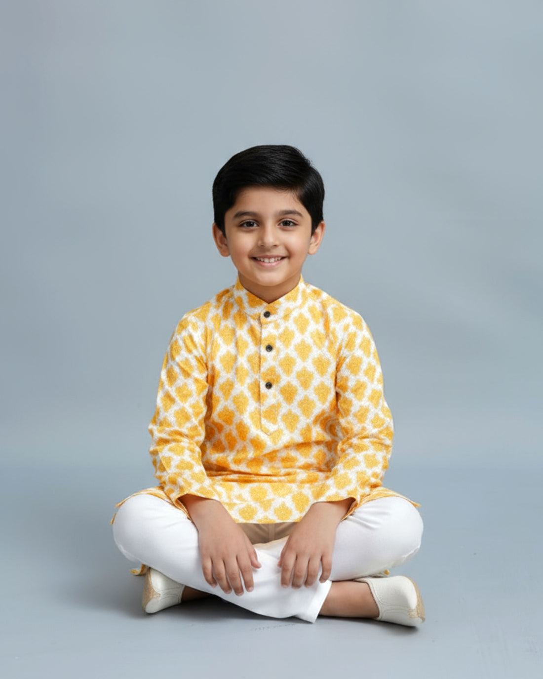 Boys Festive White Kurta Set with Mustard Yellow Ikat-Inspired Print