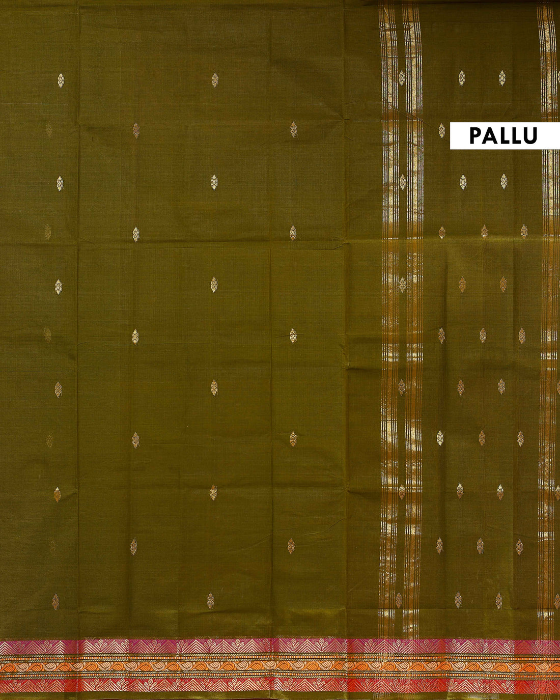 Authentic Handwoven Venkatagiri Cotton Saree with Traditional Zari Border and Intricate Pallu Design - Olive Green