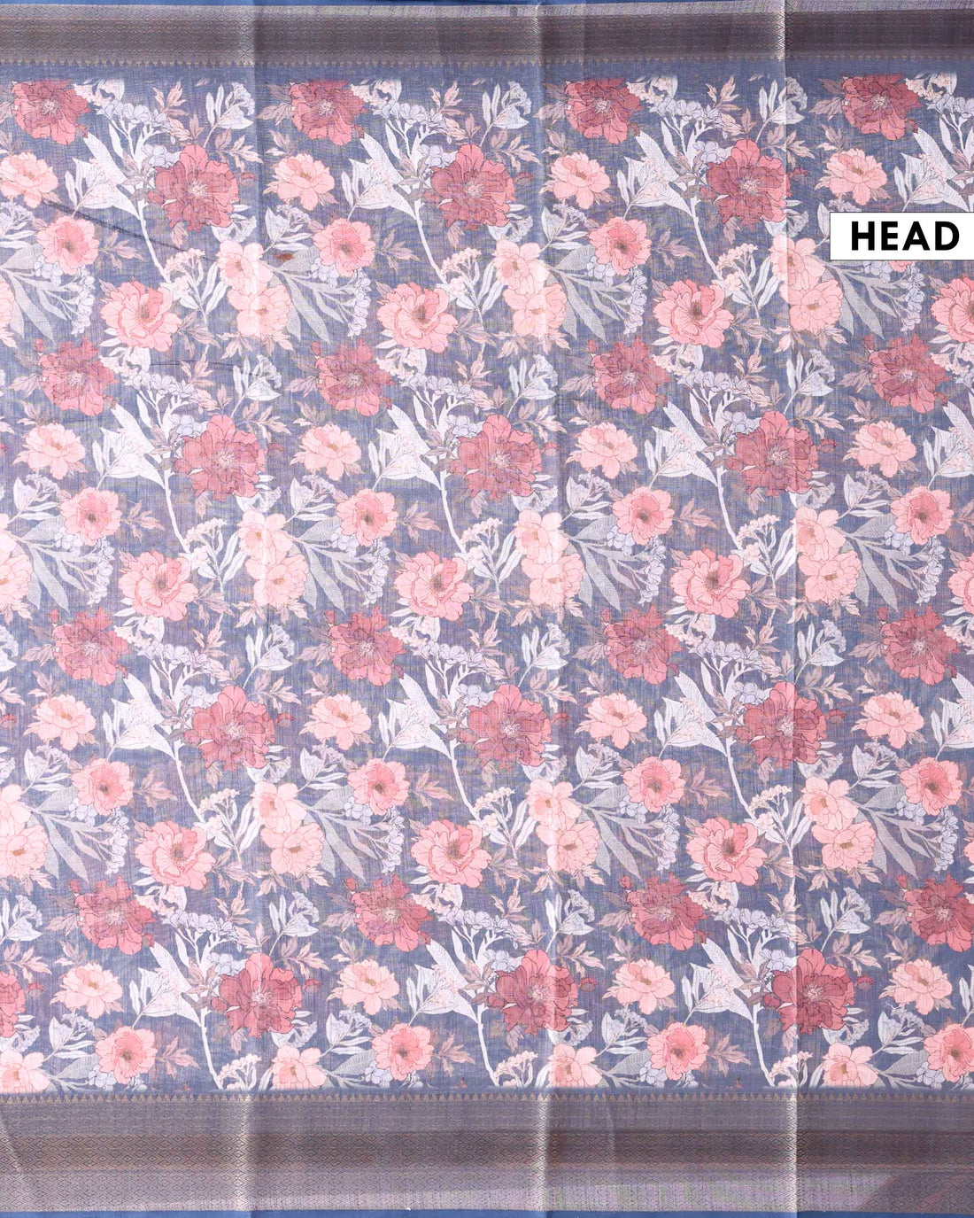 Elegant Linen Tissue Saree With Floral Print and Minimal Woven Zari Border - Blue