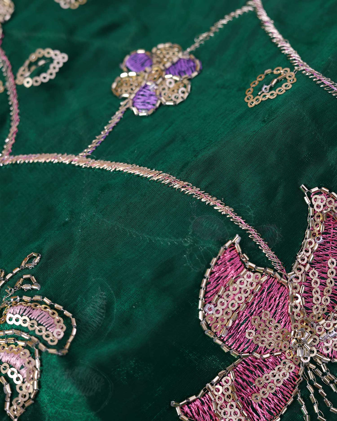 Elegant Women’s Blouse Material with Intricate Floral Vine Embroidery Sequin Work - Dark Green