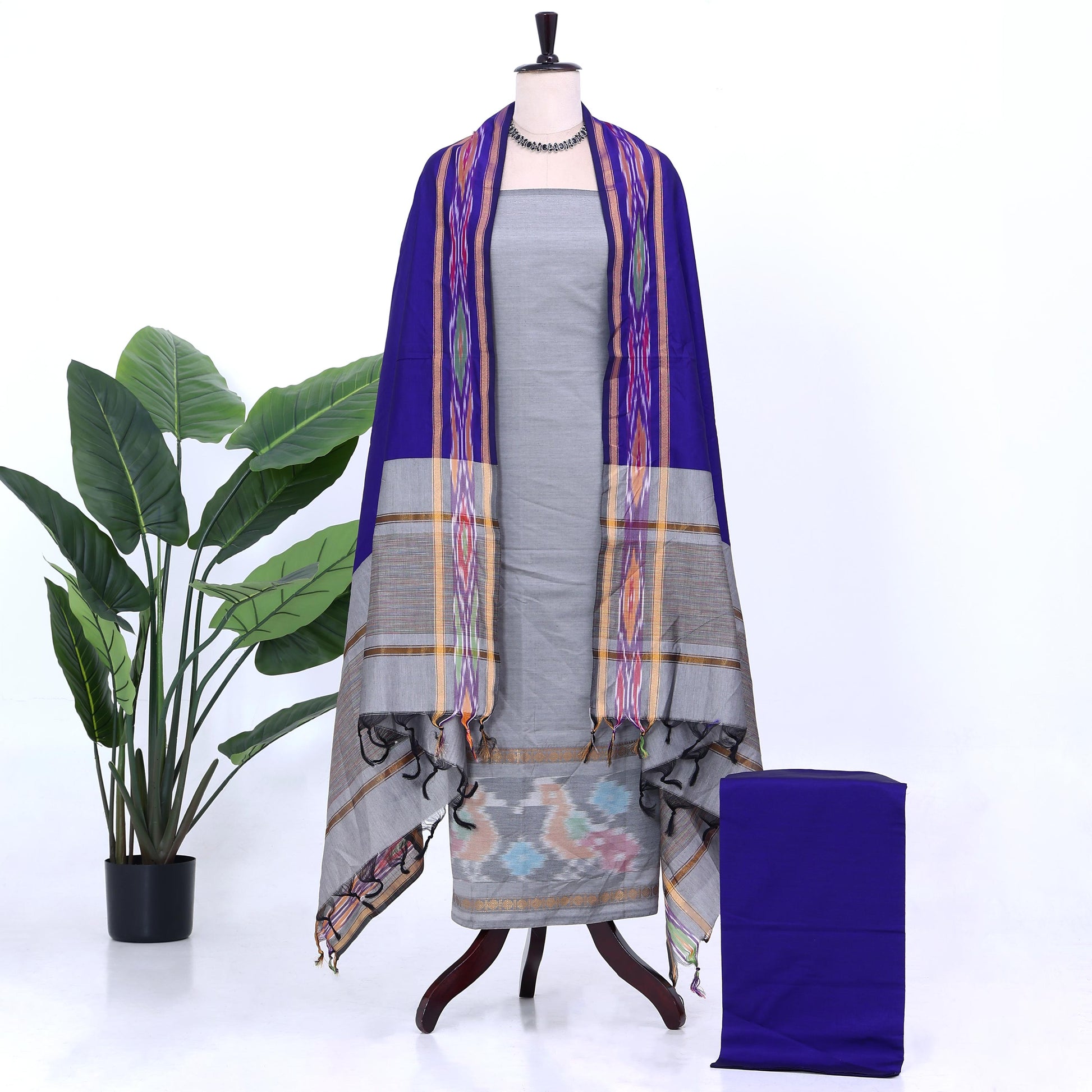 Grey Cotton Unstitched Salwar Material for Women | Ethnic Summer Collection | Jeyachandran - Full View