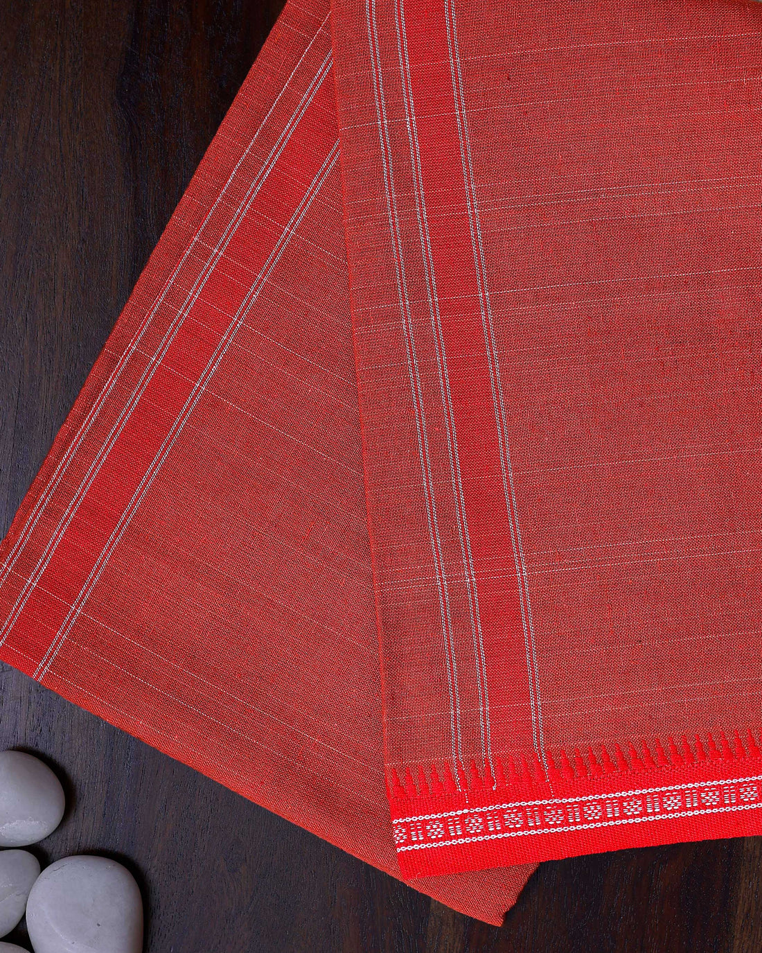 Men's Traditional Cotton Dhoti with Striped Red Border and Contrast  - Red