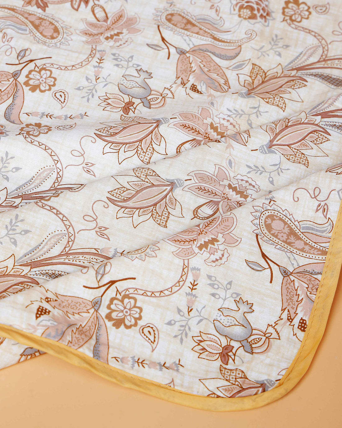 Floral Printed Cotton Single Quilt with Paisley Accents - Beige with Brown