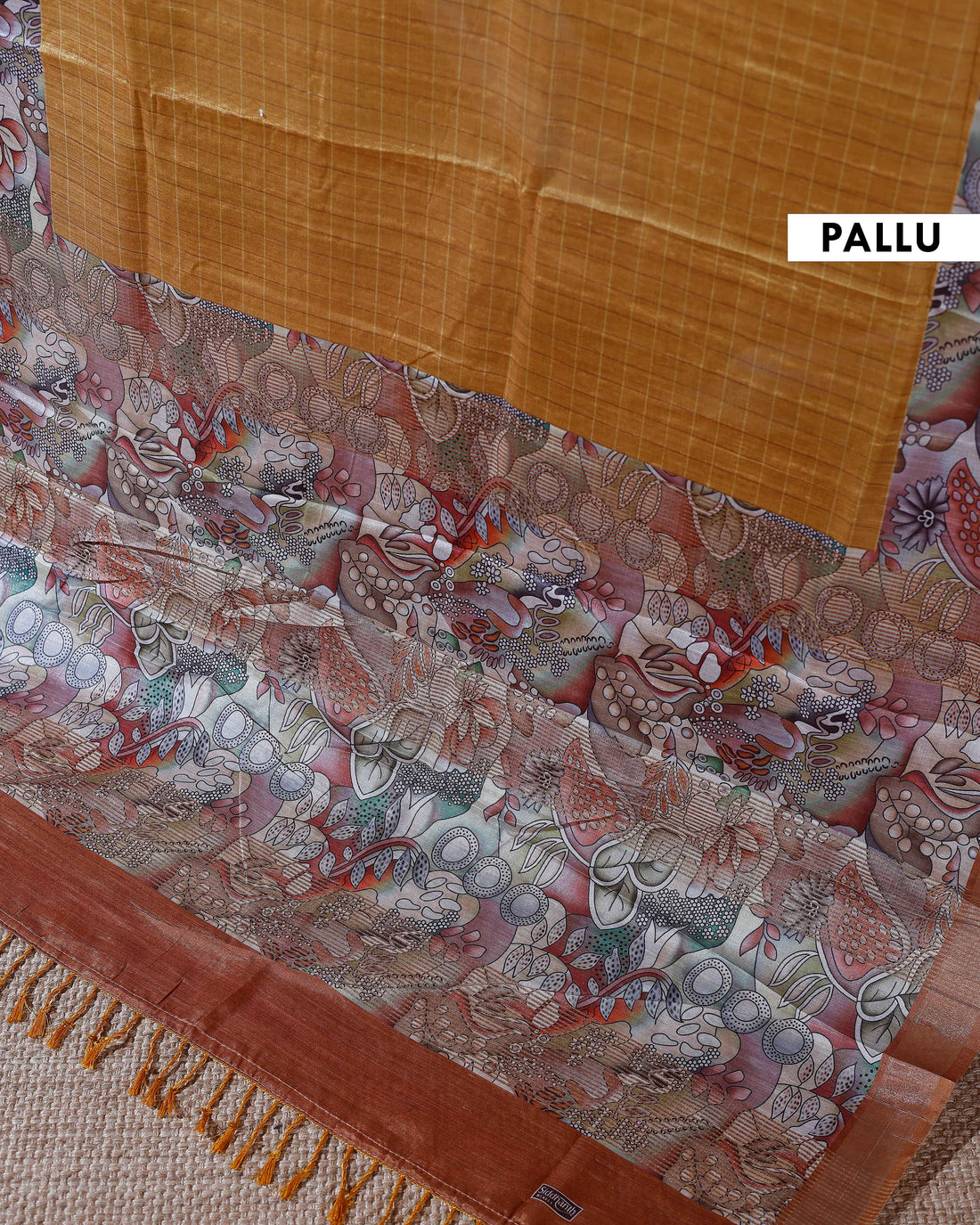 Elegant Semi Tussar Saree with Subtle Checkered Weave and Artistic Floral Patterned Border - Mustard