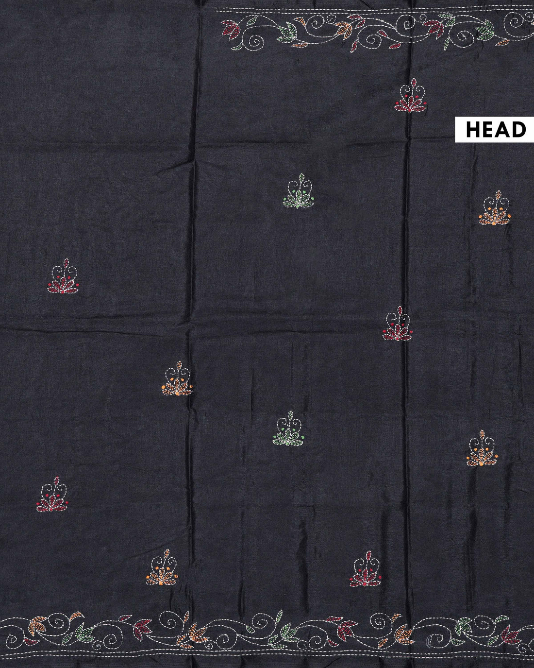 Elegant Hand Embroidered Kantha Work Tussar Saree with Intricate Floral and Paisley Motifs - Black