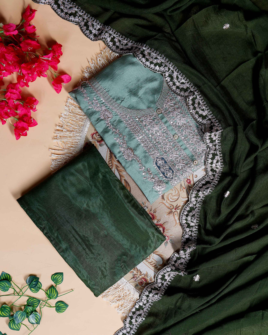 Women's Embroidered Unstitched Salwar Suit Material with Sequins and Scalloped Dupatta Border- Green