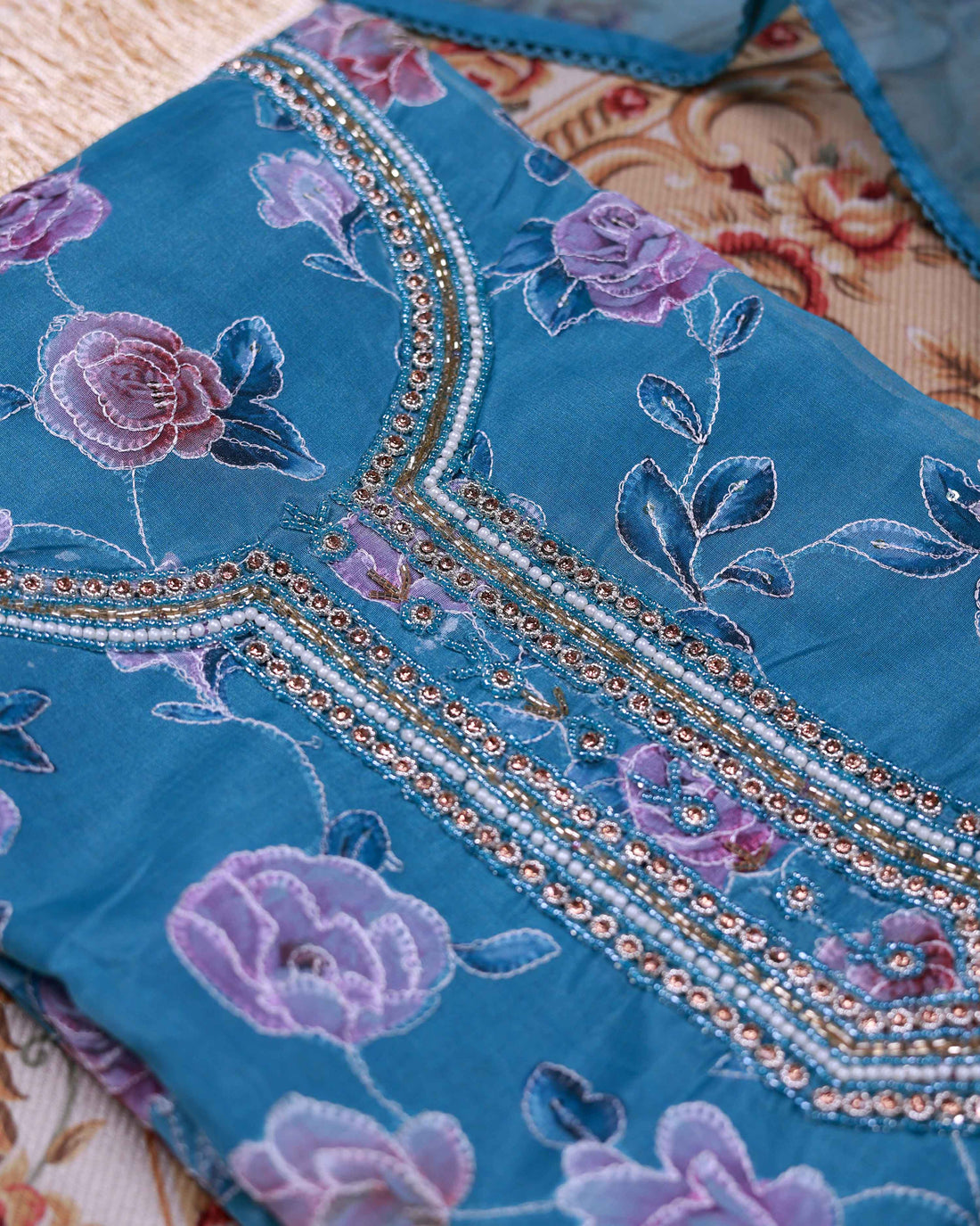 Women's Floral Embroidered Salwar Suit Material with Beaded Neckline and Net Dupatta - Blue