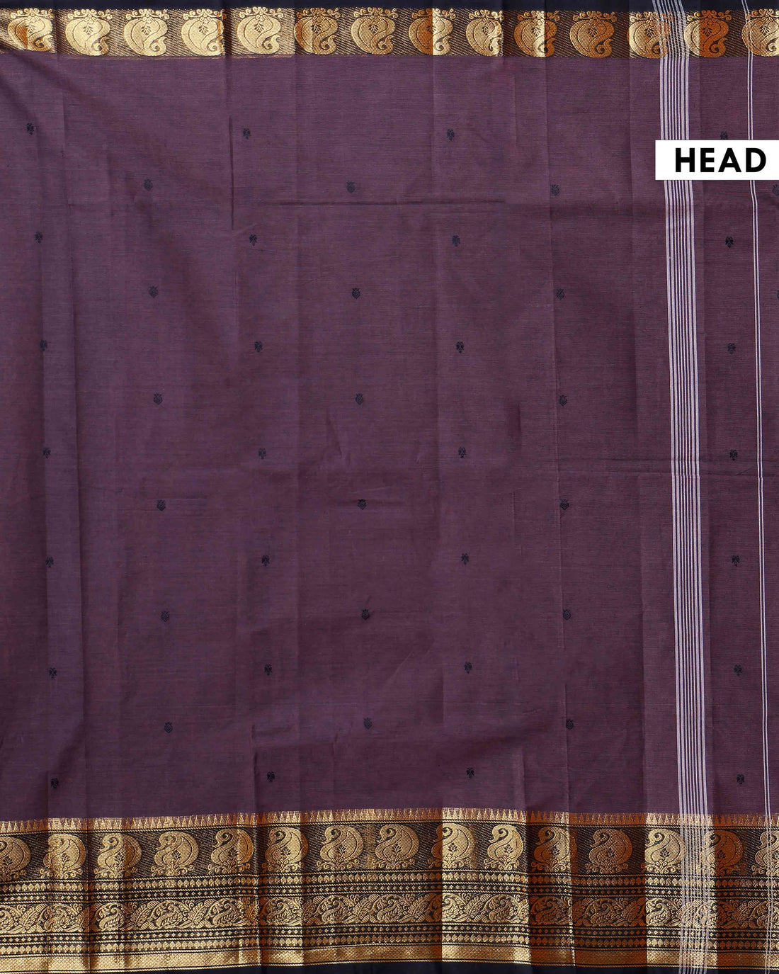 Handloom Chettinad Cotton Saree with Butta Weaves, Zari Peacock Motif Border and Contrast Pallu - Dark Purple