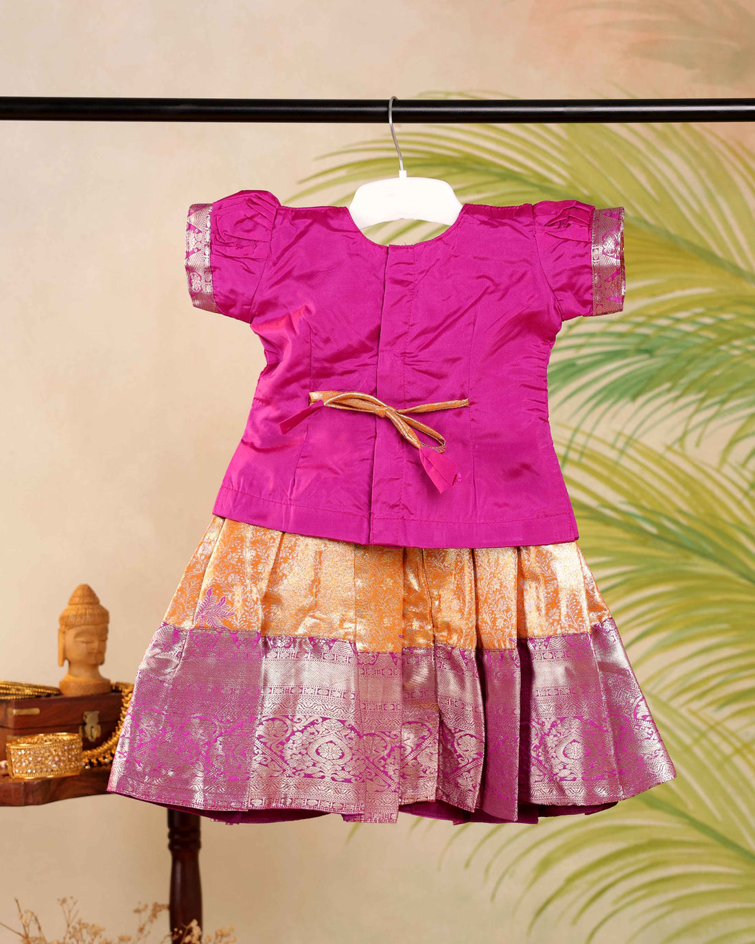 Traditional Kids Pattu Pavadai Readymade a Traditional Ethnic Gown with Zari Border & Puff Sleeves  - Violet