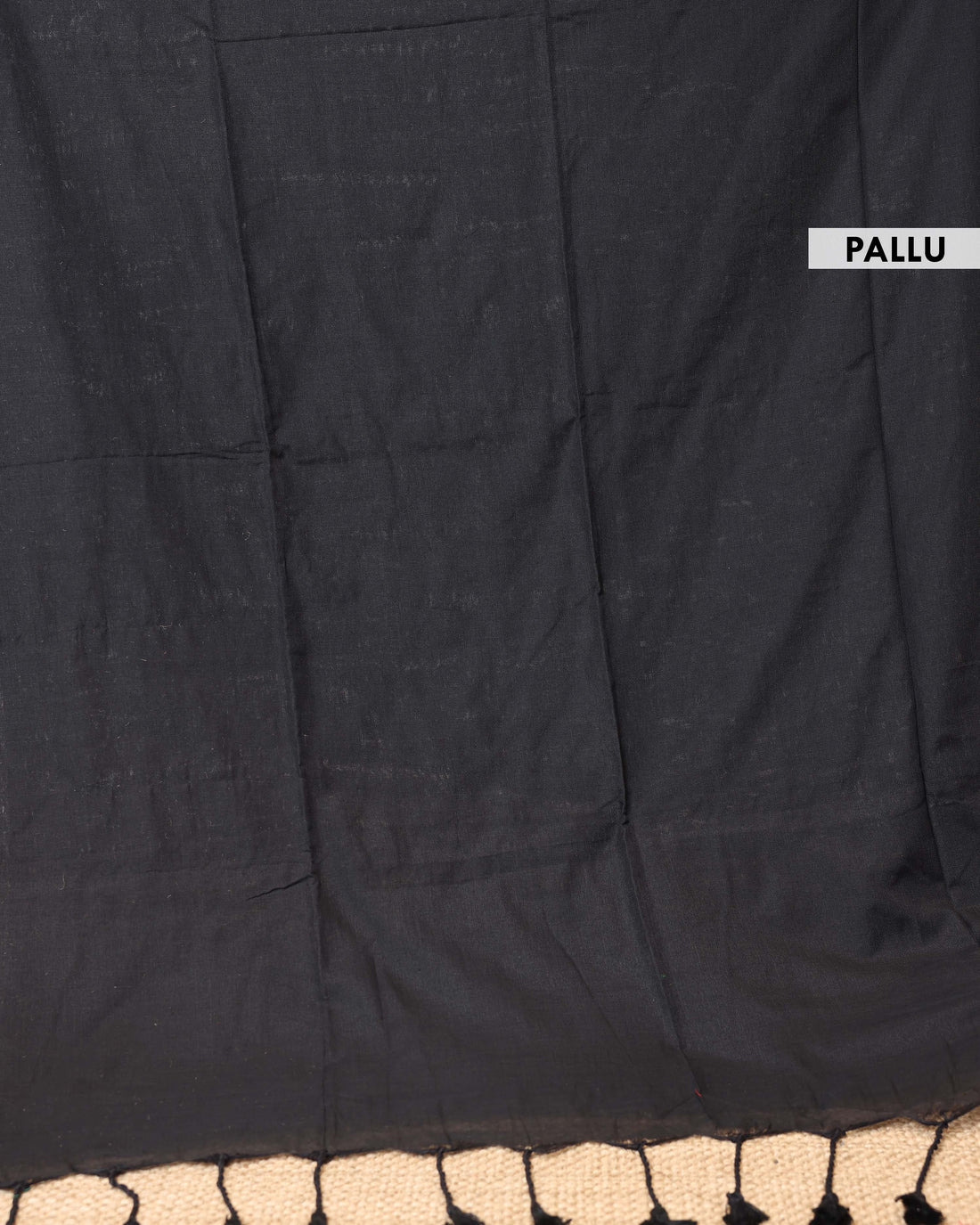 Handwoven Khadi Cotton Saree with Contrast Printed Blouse and Tassel Accents - Dark Grey