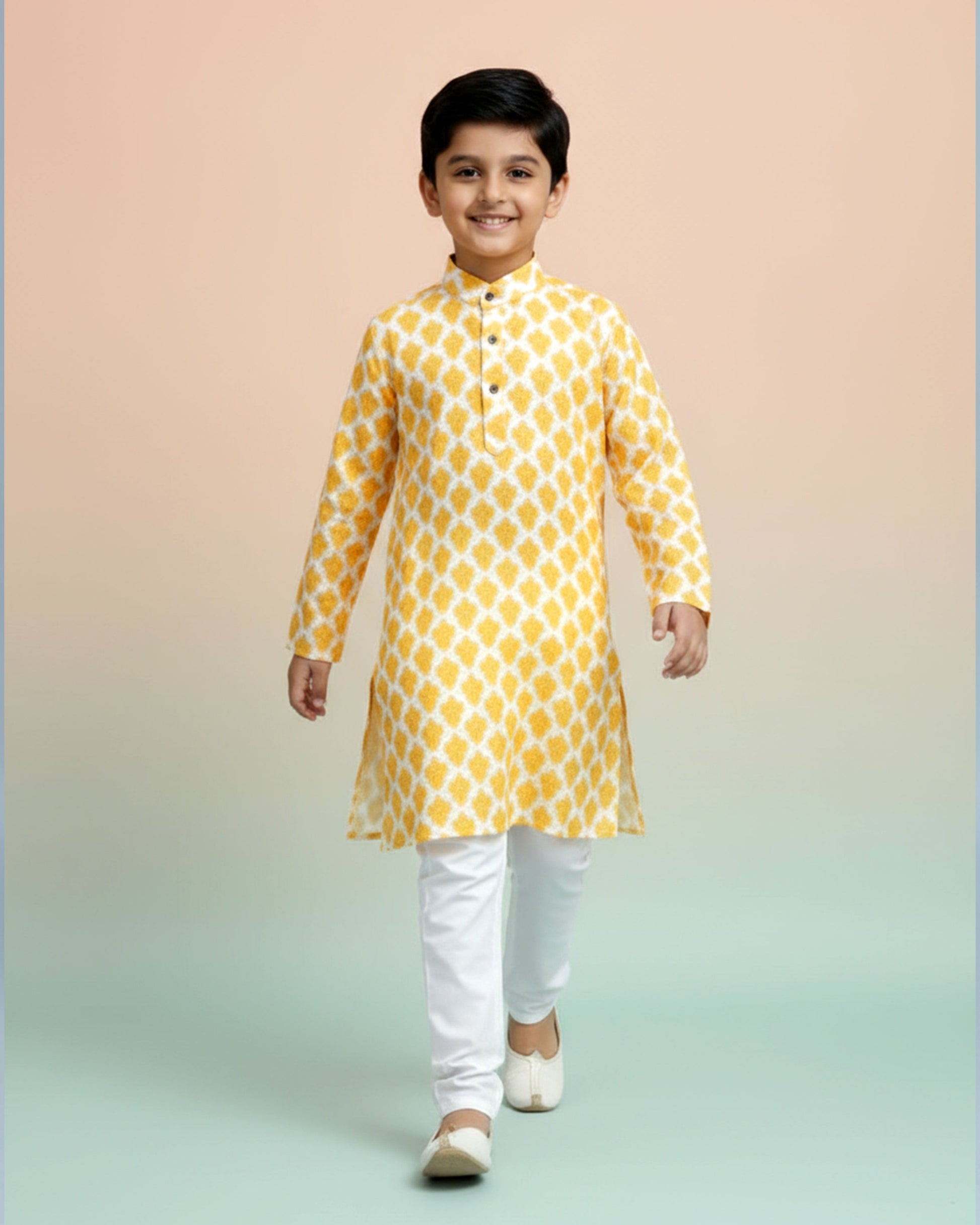 Boys green kurta adorned with traditional Bandhani-inspired patterns in red and gold., Yellow