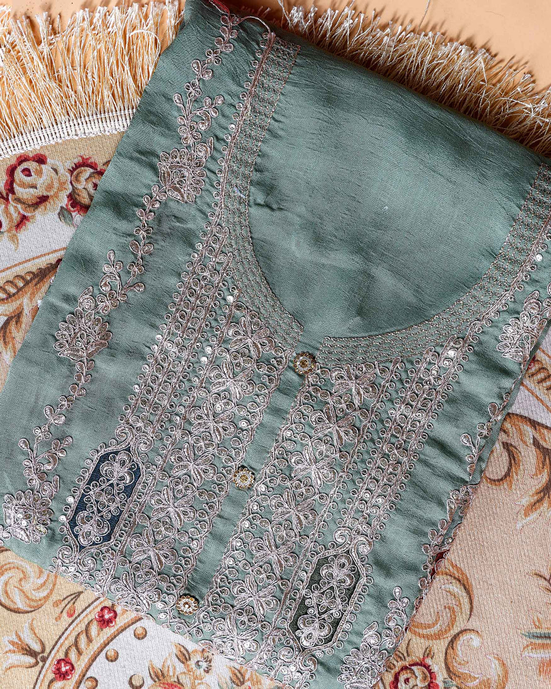 Women's Embroidered Unstitched Salwar Suit Material with Sequins and Scalloped Dupatta Border- Green