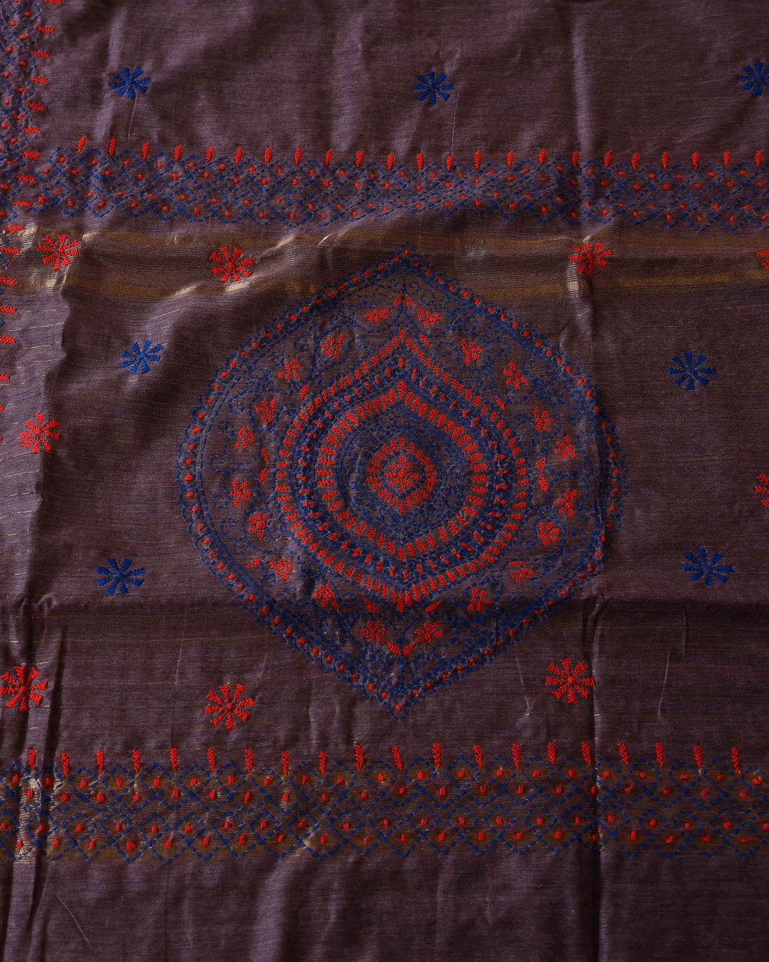 Elegant Kantha Hand Embroidered Saree with Intricate Floral Motif and Contrast Border - Dusty Purple