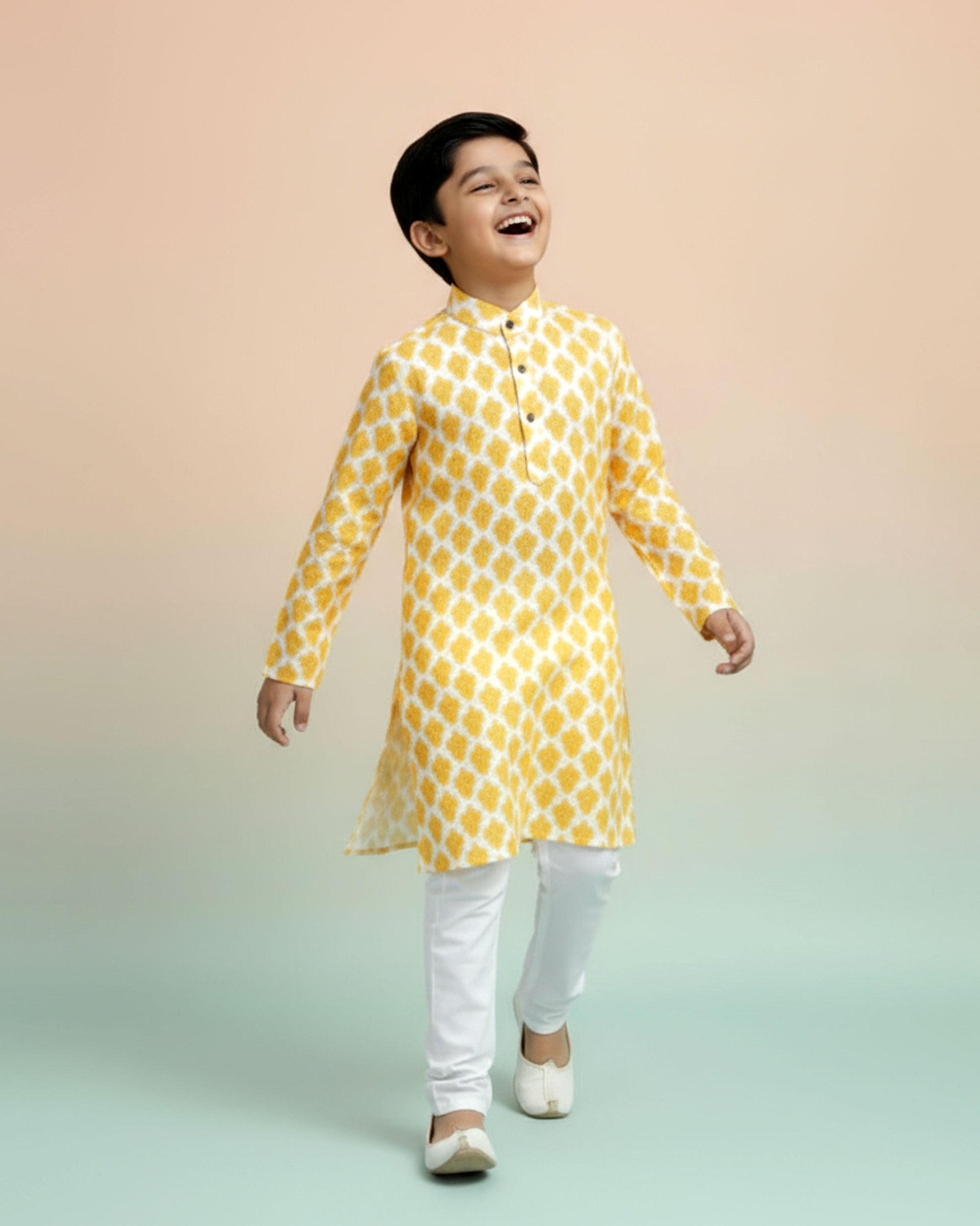 Boys green kurta adorned with traditional Bandhani-inspired patterns in red and gold., Yellow