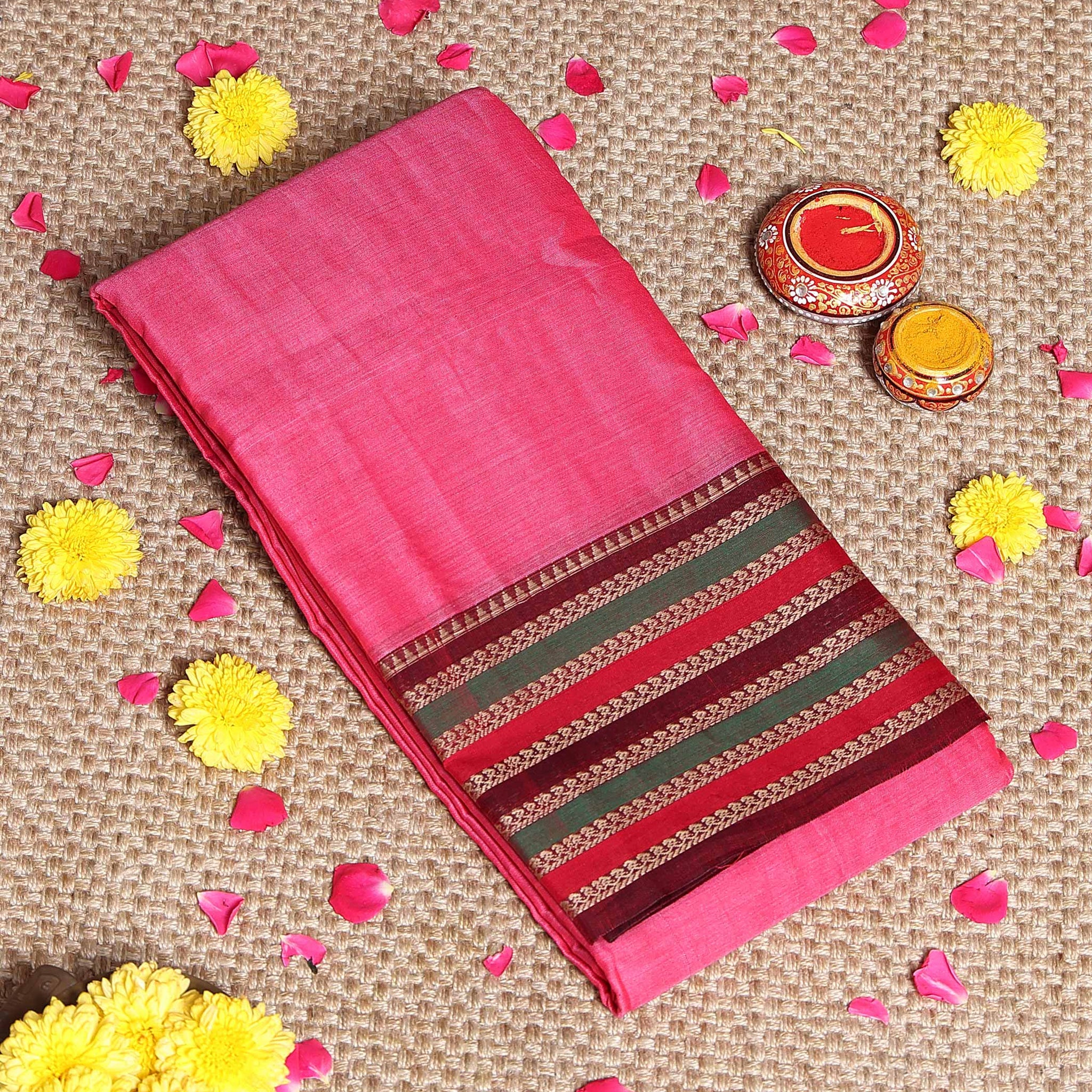 Traditional Narayanpet Cotton Saree Classic Temple Border and Striped Pallu - Pink