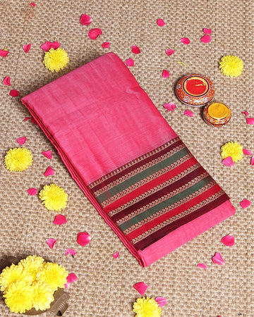 Traditional Narayanpet Cotton Saree Classic Temple Border and Striped Pallu - Pink