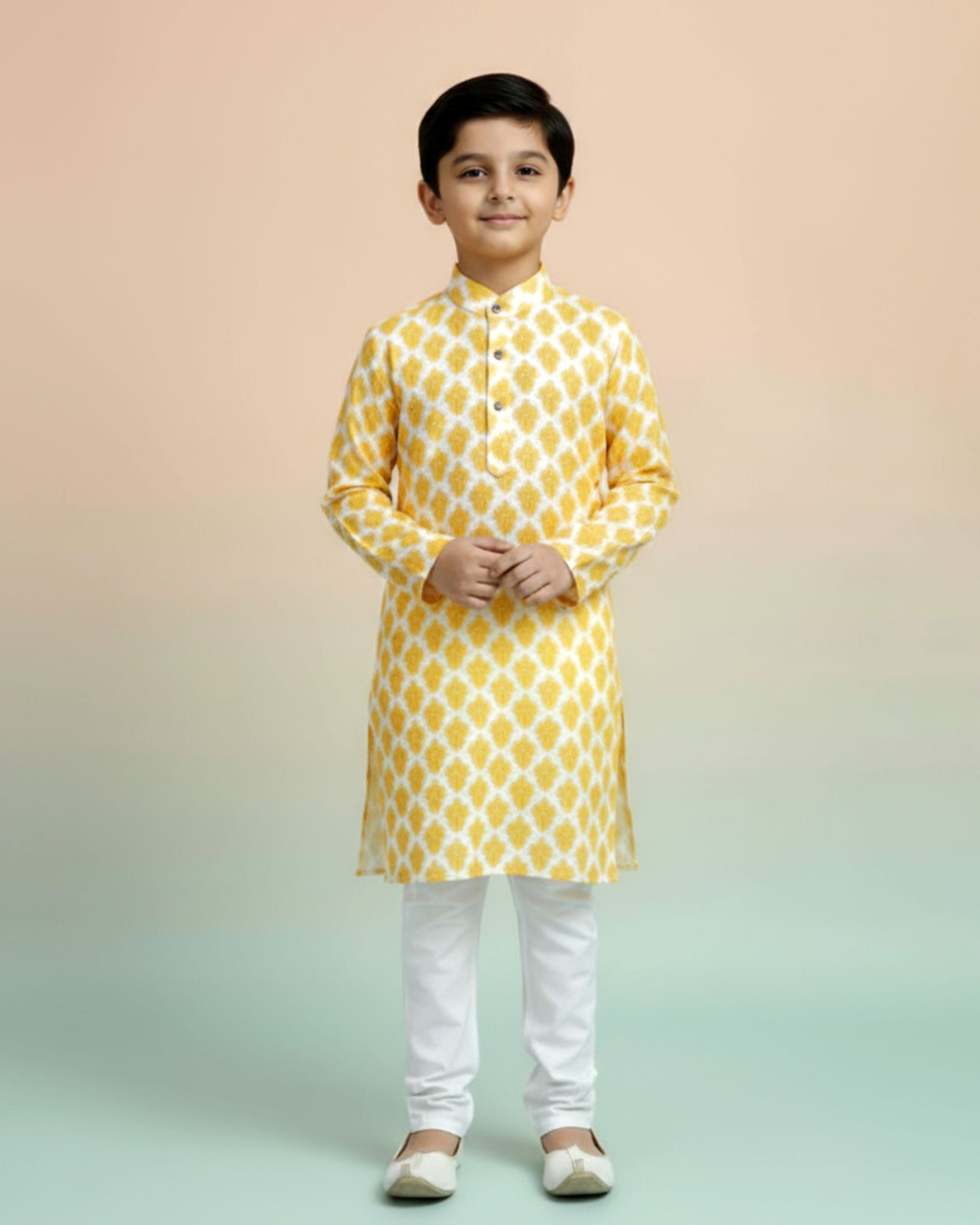 Boys green kurta adorned with traditional Bandhani-inspired patterns in red and gold., Dark Green