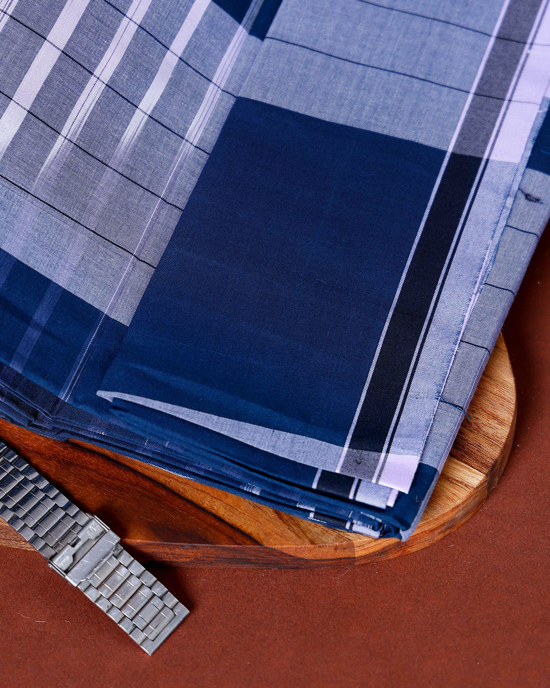 Nandu Brand Men's Premium Cotton Striped Lungi Stitched - Navy Blue