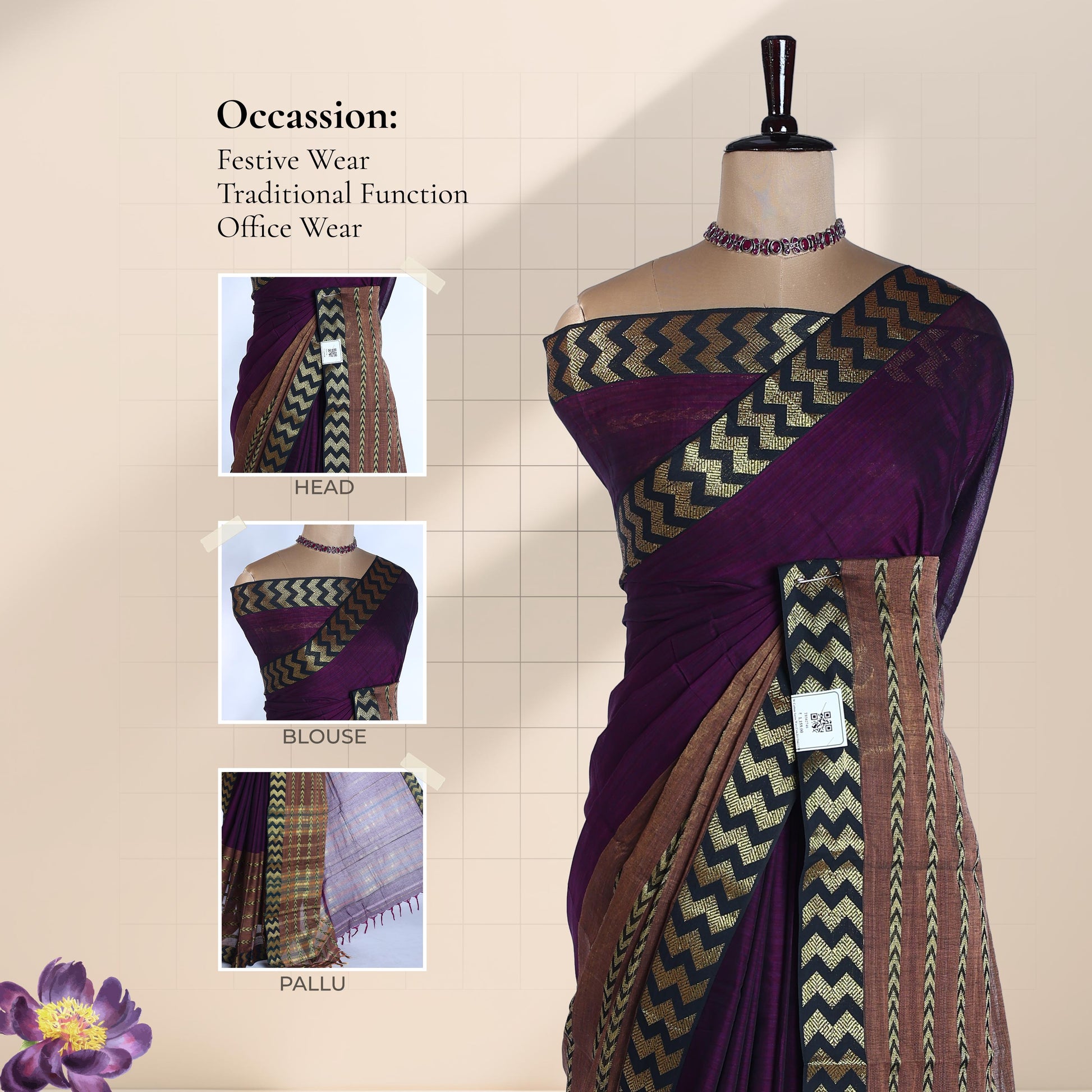 Dark Purple Mangalagiri Cotton Saree With A Black Border Gold Zari Chevron Patterns And A Matching Woven Pallu