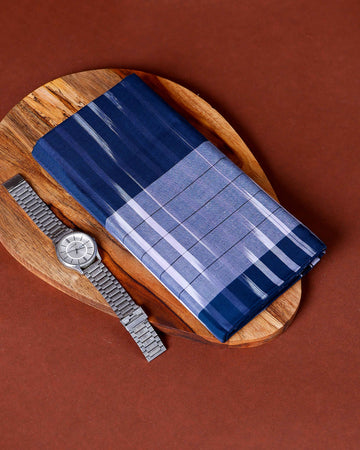 Nandu Brand Men's Premium Cotton Striped Lungi Stitched - Navy Blue